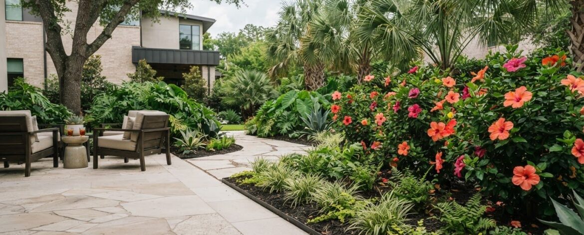 How to Create a Tropical Backyard in Houston with Hibiscus and Low-Maintenance Hardscaping