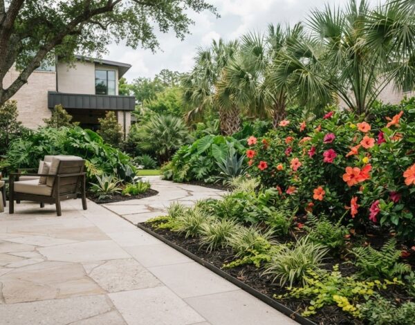 How to Create a Tropical Backyard in Houston with Hibiscus and Low-Maintenance Hardscaping